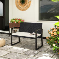 Outsunny Banco de Jardín de Ratán Sintético de 2 Plazas Banco de Exterior con Cojín y Reposabrazos Carga 240 kg para Terraza Patio 103x58x78 cm Negro y Beige - details 1