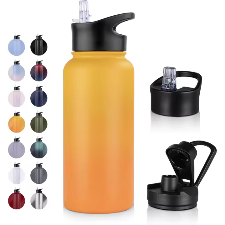 Stainless Steel Water Bottle with Straw, Leak-Proof, Carbonated, BPA-Free Flask Thermos with 2 Lids, Double Wall Vacuum Insulation for Sports, Travel, Camping, School, Bike, Gym, 4 Pieces, 750 - 1