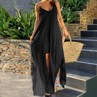 Vestido Largo Maxi Bohemio De Verano Para Mujer Sin Mangas Con Vuelos Y Bolsillos Estilo Casual Con Frontera Y Halter - details 0