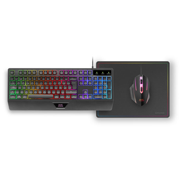 Mars gaming MCP124 Combo Gaming 3en1, Teclado Ergonómico H-Mech LED RGB, Ratón RGB 3200DPI Switches HUANO, Alfombrilla Nanotextil 360x260mm, Compatibilidad Multiplataforma, Combo PC Negro o Blanco con Layout Español, Francés o Portugués