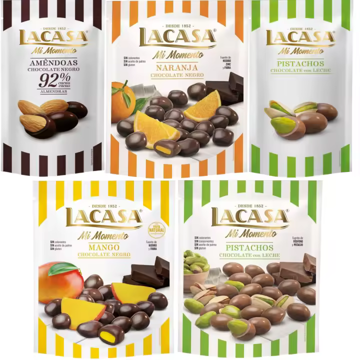 Lacasa Mi Momento pack de 5:Pistacho Chocolate Leche ,Almendra 92% ,Naranja Chocolate Negro ,Pistacho Chocolate Leche,Mango Chocolate Negro - 1