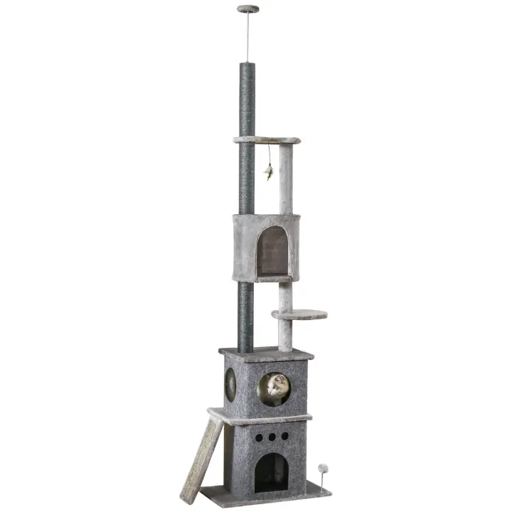 PawHut Rascador para gatos, árbol de techo alto con juguete para gatos, felpa de sisal, gris claro, altura ajustable, 60 x 40 x 225-255 cm - 1