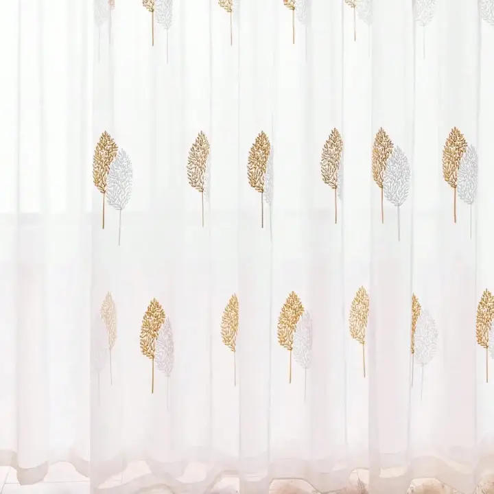 Cortina De Encaje Pequeña Con Estilo Nórdico Y Bordado De Árbol Para Sala De Estar Comedor Dormitorio Translúcida De Poliéster 100% - 1