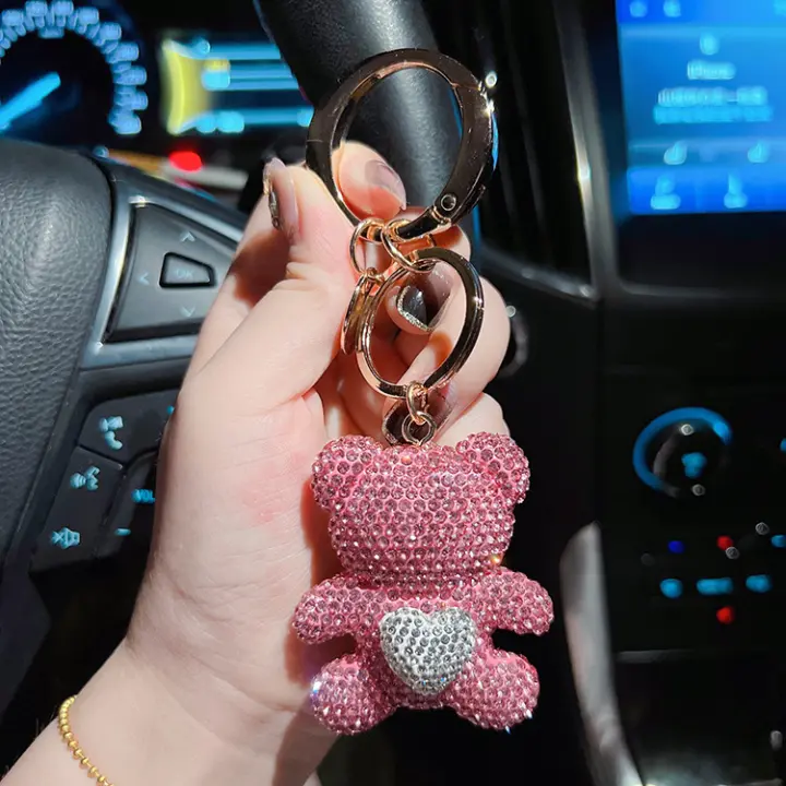 Llavero De Muñeco De Oso De Amor Con Diamantes Cerámica Y Metal Grande En Forma Circular Regalo Pequeño Para Niñas - 1