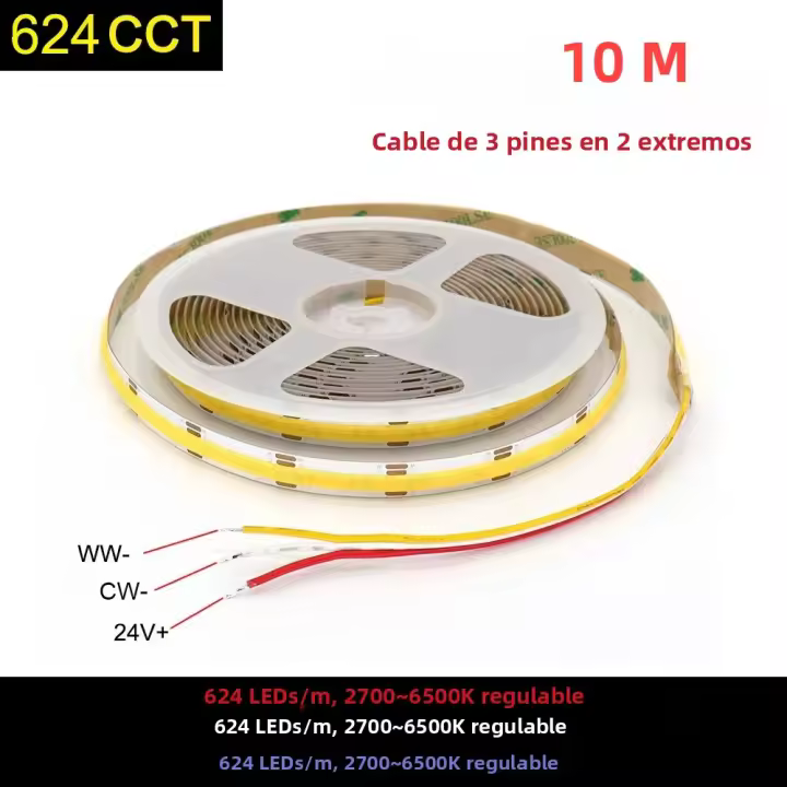 Tira De Luz LED COB CCT 10M 624 LEDs/m Alta Densidad Flexible 5mm Luz LED Lineal Dimmable 3 Cables DC24V 2700K a 6500K Para Sala De Estar - 1