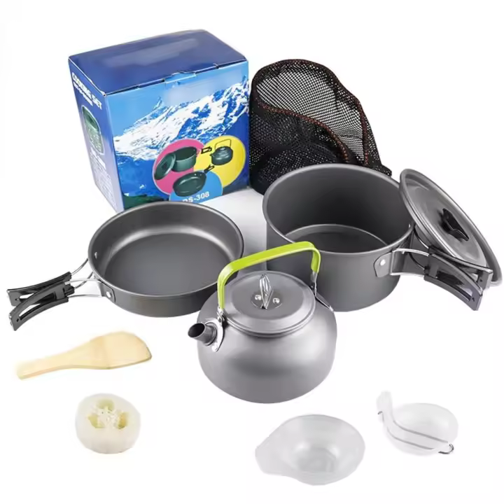 Juego de utensilios de cocina de aluminio para acampar, juego de tetera y sartén plegables, ollas ligeras, sartenes con bolsa de malla para mochilero, - 1