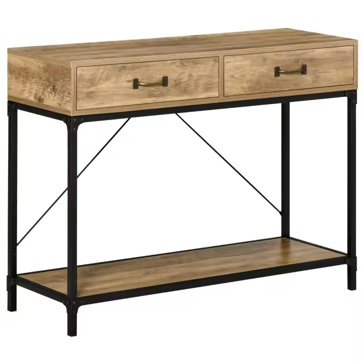 HOMCOM Mesa consola, mesa de entrada, mesa auxiliar, 2 cajones, estante inferior, aglomerado metálico vintage, marrón + negro, 100 x 35 x 76,5 cm - 1