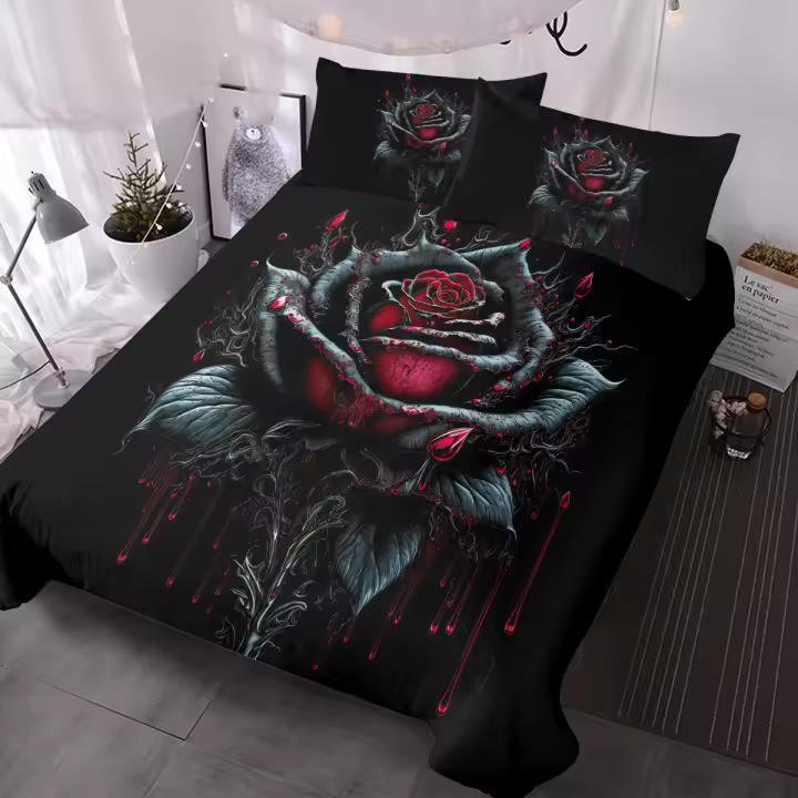Set De Fundas Para Edredón Y Almohadas 3Pc Con Patrón De Sangre Y Tinta Rosa Romántica Y Flores Rojas Y Negras 100% Poliéster Moderno Para Cama De 1.5m a 2.2m - 1