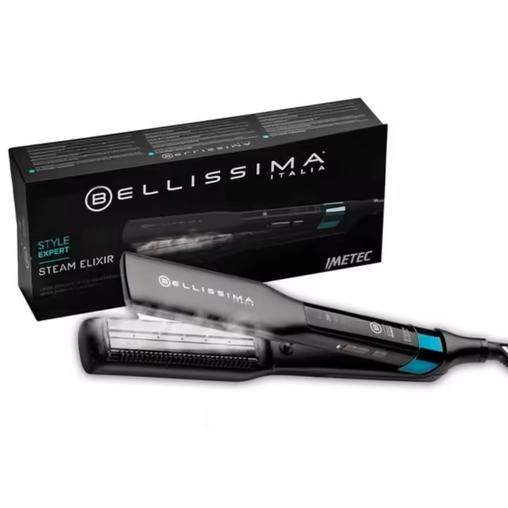 Bellissima Steam Elixir Style Expert - Plancha de Pelo con Vapor, Alisado en una Sola Pasada, Revestimiento de Cerámica y Aceite de Argán, Calentamiento Rápido, 4 Temperaturas, Alfombrilla Termoresistente - 1