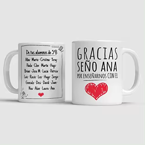 DEREGALOOS Taza *GRACIAS SEÑO POR ENSEÑARNOS CON EL CORAZÓN* Personalizada con Nombres y Curso - 1