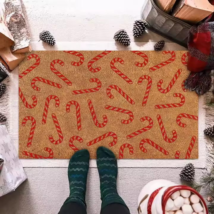 Alfombra Navideña Con Diseño De Navidad Y Flores Alfombra De Puerta Con Luces De Árbol Y Ciervo Para Exterior Antideslizante Tejida a Mano Material Acrílico Adultos - 1