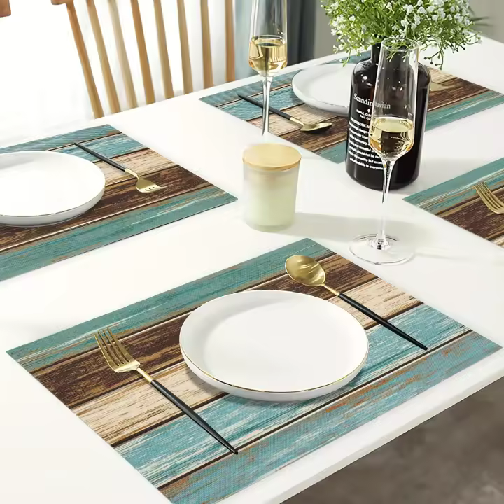 4pcs Modernos Tapetes De Comedor De Arte Abstracto Textura De Madera Y Mármol Pintura Al Óleo Decoración De Hogar Juego Familiar De Utensilios De Mesa - 1