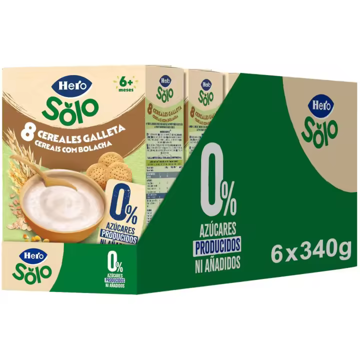 Hero Solo Pack Papillas 8 Cereales con Galleta María. 0% azúcar producido ni añadido. Pack 6x340gr - 1