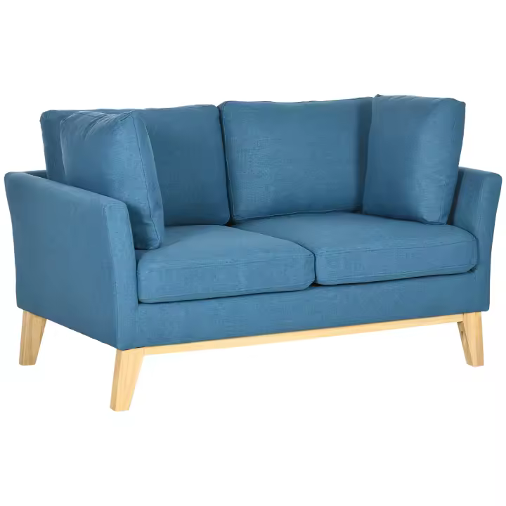 HOMCOM Sofá Doble de 2 Plazas Aspecto Lino, Dos Plazas con Cojines, Loveseat con Patas de Madera para salón, Dormitorio, hasta 150 kg, Azul, 137 x 78 x 78 cm - 1