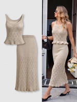 Conjunto De Ropa Elegante Para Mujer 2 Piezas Primavera/Verano 2026 Camisola Y Falda Midi De Punto Con Volante Y Salto Hollow out - details 2