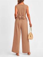 Traje De Mujer Elegante Y Moderno De Color Sólido Con Cuello En V Y Pierna Ancha Sin Mangas Traje De Verano Para Mujer - details 6