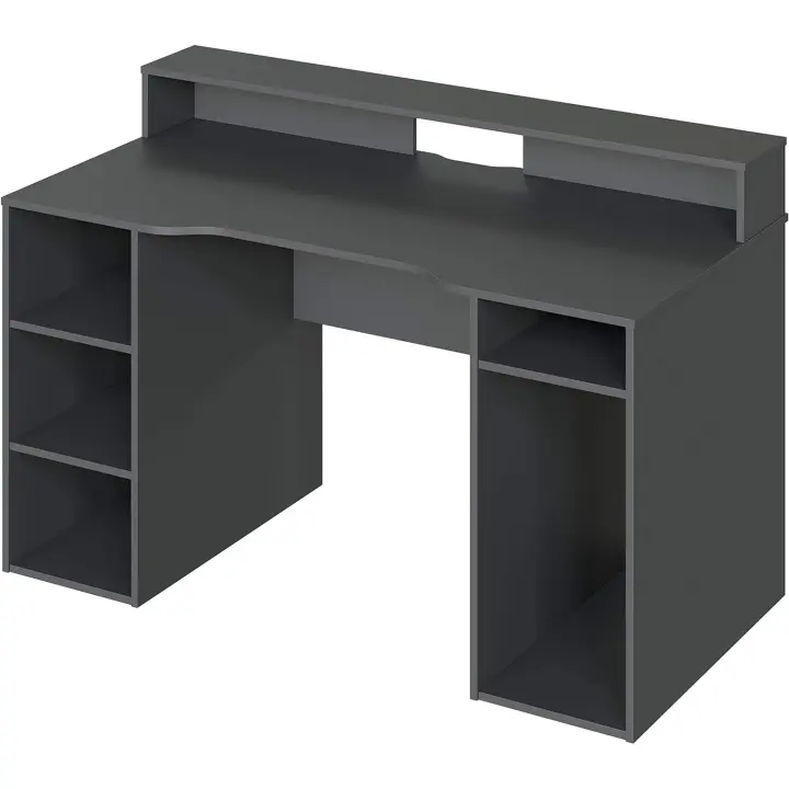 Meimon Escritorio Gaming Ozone en Gris Antracita, Mesa Gamer con Estantes y Compartimento Torre PC, Espacio para 1 o 2 Monitores, Robusto, Funcional y con Pasacables, Ideal para Setups Gaming,Estilo y Rendimiento - 1