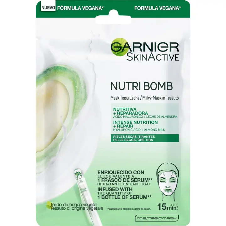 Garnier Skin Active Nutri Bomb Milky Mask Tissu Reparadora – Mascarilla de tejido con leche de almendra ecológica y ácido hialurónico para pieles secas y tirantes - 1