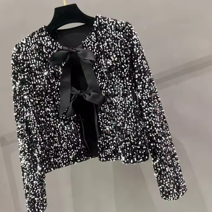 Abrigo De Lante Con Borla Para Mujer Estilo Francesa Con Lentejuelas Cuello Redondo Manga Larga Top Corto De Polyester Y Nylon - 1