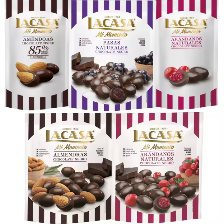 Lacasa Mi Momento pack de 5:Arándano choco Negro 60G,Almendra 85% 65G,Arándano choco Negro 125G,Pasas choco Negro 150G,Almendra choco Negro 125G - 1