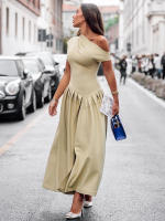 Vestido Maxi De Verano Para Mujer Elegante Y Chic Con Plegado Y Patchwork En Negro Cuello Media-Torço Manga Corta Cintura Alta A-Line Para Oficina Y Calle - details 31