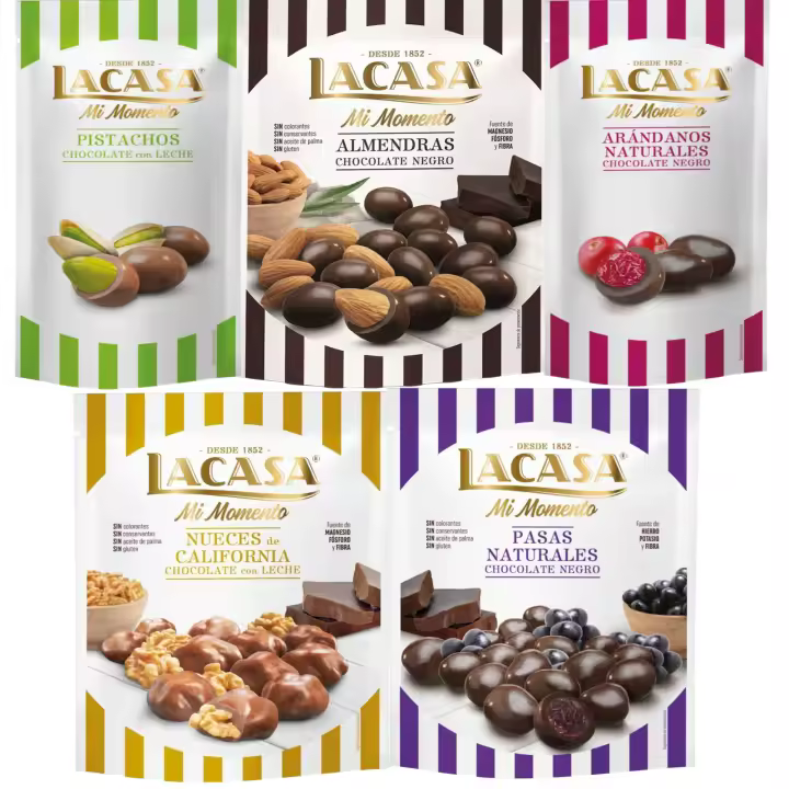 Lacasa Mi Momento pack de 5:Arándano Choco Negro ,Pistacho Choco Leche,Nueces Choco Leche ,Pasas Choco Negro ,Almendra Choco Negro - 1