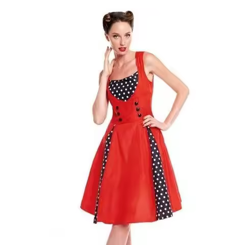 PARTILANDIA, DISFRAZ ADULTO ROCKABILLY DRESS 50S, VESTIDO DE COLOR ROJO, LUNARES BLANCOS , EN FONDO NEGRO - 1
