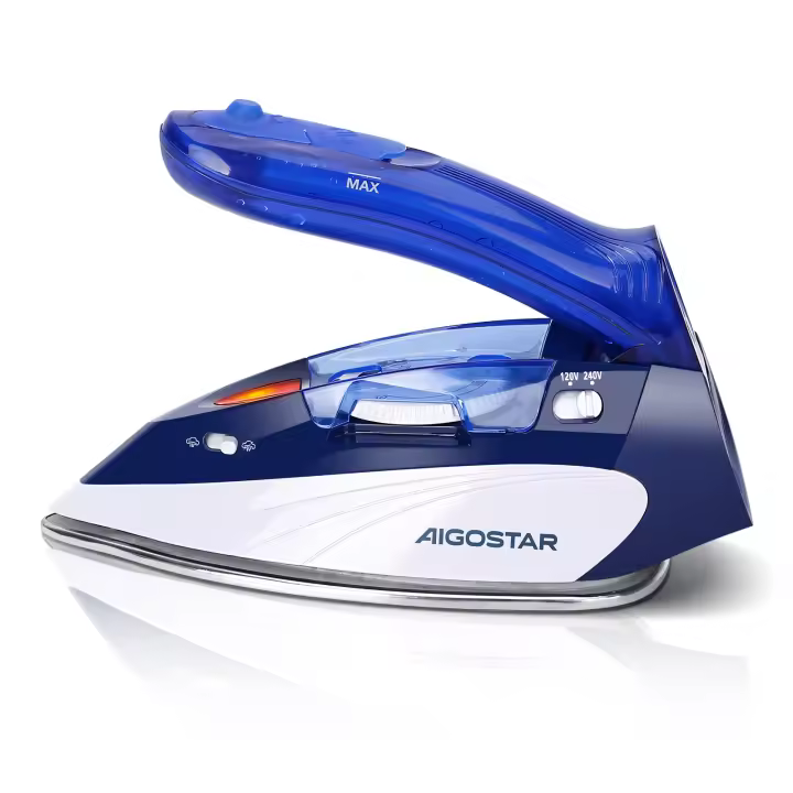 AIGOSTAR Plancha de Viaje Plancha Vapor, Asa plegable, Suela de Acero Inoxidable, Selector de Temperatura (Depósito 80ml, Doble Voltaje 120V-240V, 1100W) - 1