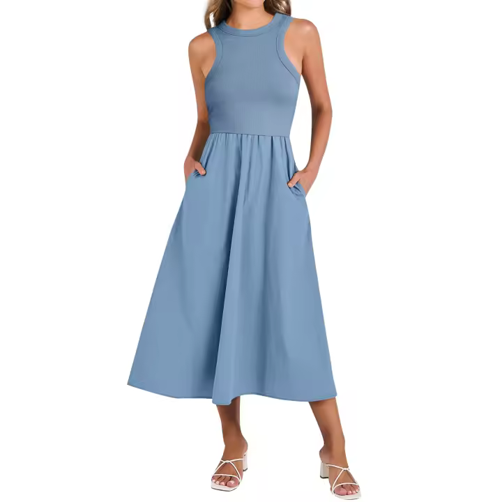 Vestido De Encaje Sin Mangas Para Mujer Estilo Diario Con Bolsillos Cuello Redondo A-Line Largo Hasta La Rodilla Polyester Verano - 1