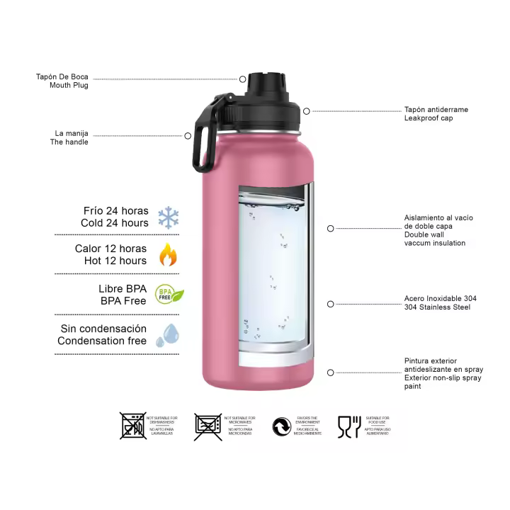 MOV-Botella Termo de Acero Inoxidable 1 Litro Deportiva (10 Colores) - Botella de Agua Térmica Reutilizable | Sin BPA | Mantiene 24H Frio / 12H Calor | Termo y Hermética - Doble Pared a Prueba de Fugas (YD550 YD1000 999 1199) - 1
