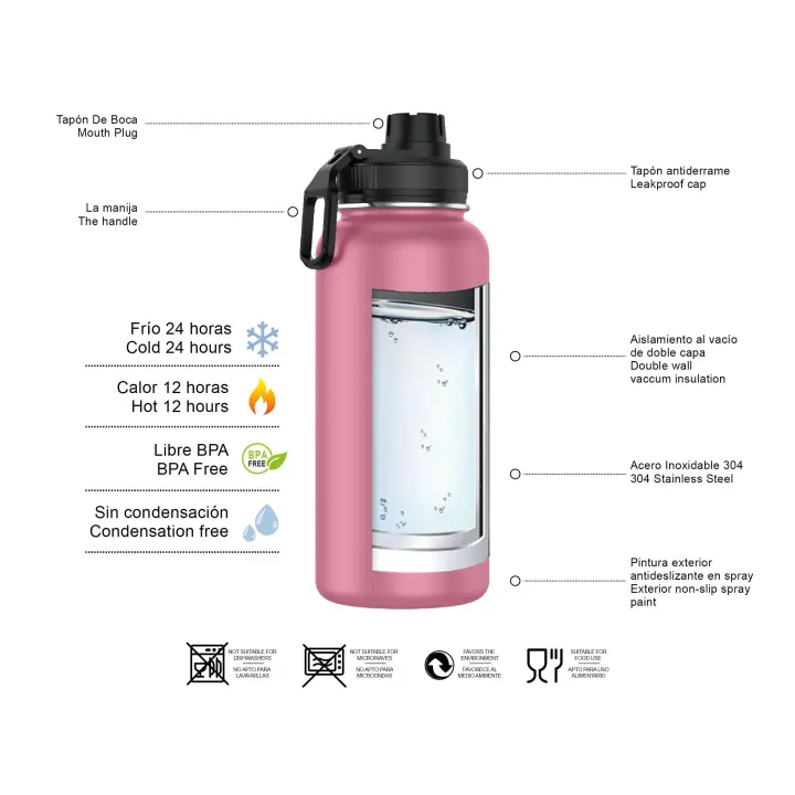 MOV-Botella Termo de Acero Inoxidable 1 Litro Deportiva (10 Colores) - Botella de Agua Térmica Reutilizable | Sin BPA | Mantiene 24H Frio / 12H Calor | Termo y Hermética - Doble Pared a Prueba de Fugas (YD550 YD1000 999 1199) - 1