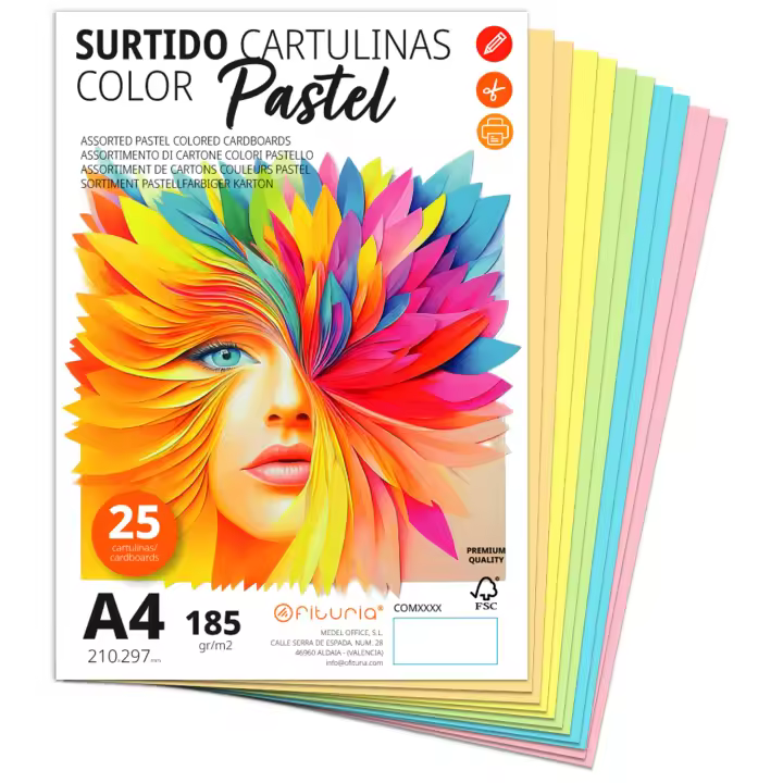 Cartulina A4, Cartulinas de Colores, Cartulinas 185g/m2 para Manualidades, Educación, Hogar, Arte o Empresas, Cartulina de Colores A4 Surtidos - Ofituria (25 Cartulinas, Surtido Pastel) - 1