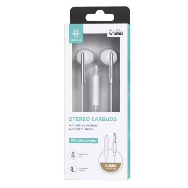 Auriculares Estéreo con Micrófono Incorporado, Conexión Jack 3,5mm, Cable de 1,2m, Color Blanco - Sonido de Alta Calidad para Música, Llamadas y Juegos - 1