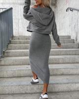 Conjunto De Vestido Y Sudadera Para Mujer 2 Piezas Color Sólido Casual Otoño Invierno Cuello En V Sin Mangas Bodycon Vestido - details 9