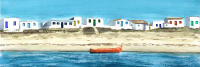 Cuadro decorativo horizontal grande  "CULATRA"180x60 190x65 salón comedor pasillo lienzo Alta Calidad acuarela marina  arena azules rojo amarillo verde turquesa bote rojo horizonte casas blancas ventanas de colores isla Casa playa Ref ANA DURAN A 035 - details 0