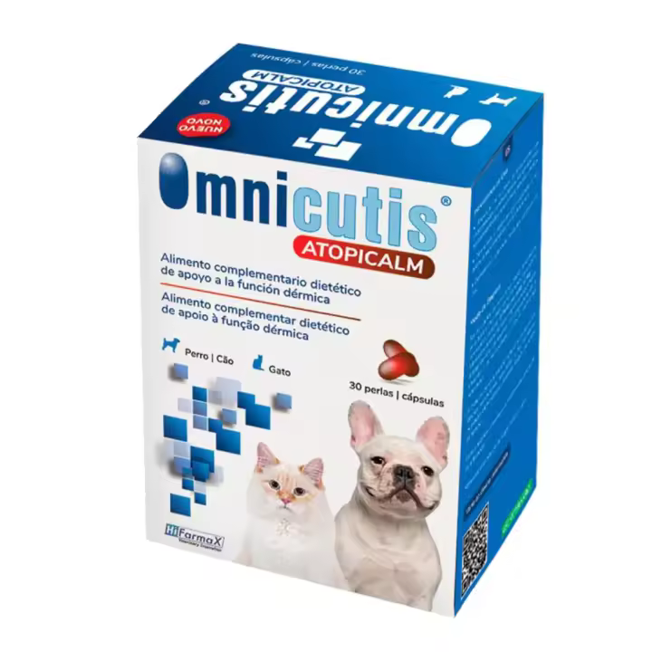 Omnicutis Atopicalm 30 cápsulas suplemento que ayuda a mejorar la piel y el pelaje de perros y gatos en casos de dermatosis y alopecia Hifarmax - 1