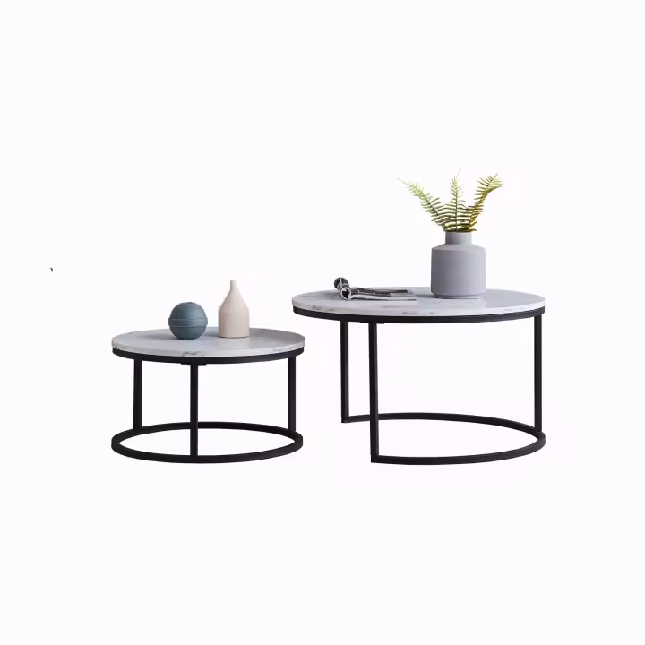 Set de 2 Mesas de Centro Nido, Mesa Redonda con Tablero Blanco Efecto Mármol y Patas Metálicas Negras, 80 cm + 60 cm - 1