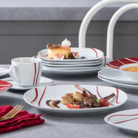 MALACASA-Serie Felisa-Juego 30 piezas de vajilla de porcelana para cena, conjunto de cena color blanco marfil con rayas rojas, con 6 piezas de tazas, ensaladera, platos de sopa, cena y postre - details 5