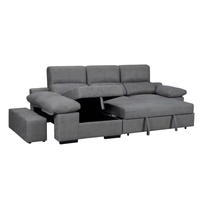 Chaiselongue cama modelo Huesca con arcón abatible ancho de 290cm. Cama extraíble. Puffs en el brazo. Tela de microfibra en colores cemento y piedra. - 1