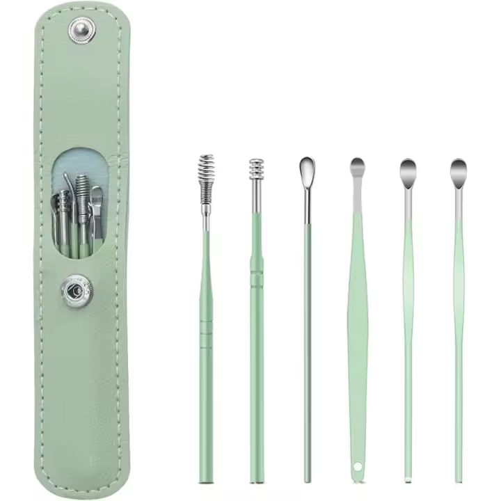 6 piezas de acero inoxidable cuchara de oído limpiador de cera de oído, juego de removedor de cera de oído reutilizable para uso personal y doméstico Herramientas de limpieza de oído (verde) - 1