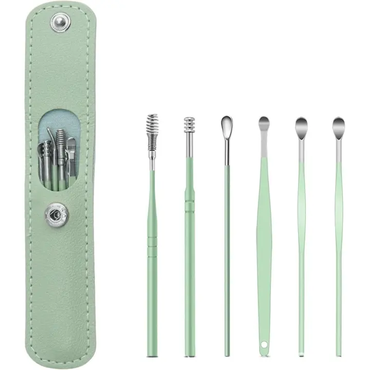 6 piezas de acero inoxidable cuchara de oído limpiador de cera de oído, juego de removedor de cera de oído reutilizable para uso personal y doméstico Herramientas de limpieza de oído (verde) - 1