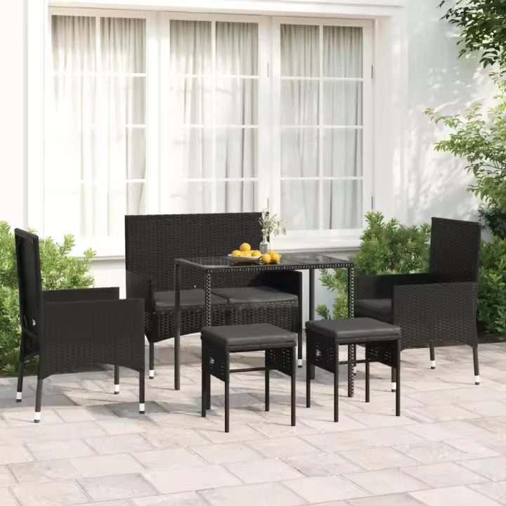 6 piezas de muebles de Jardín conjunto con almohadas de Polyrattan Negro - 1
