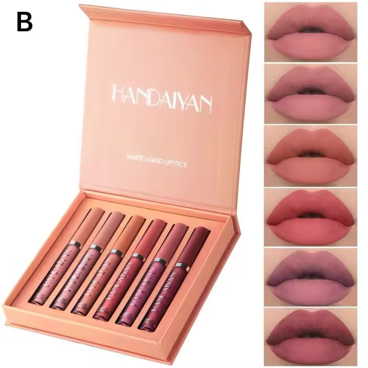 Juego de lápiz Labial Mate 6 Piezas Lápiz Labial líquido Mate para Mujer Impermeable Lápiz Labial líquido de Larga duración Brillo de Labios Cosmético Taza Antiadherente Lápiz Labial Caja - 1