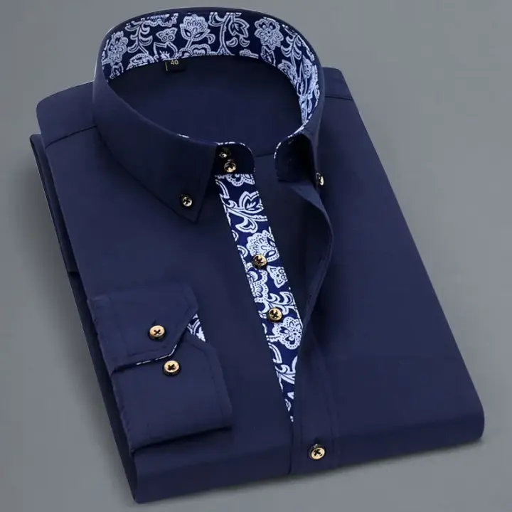 Camisa De Algodón De Lujo Para Hombre Estilo Retro Azul Y Blanco Porcelana Cuello Encogible Casual Negra Blanca Azul - 1