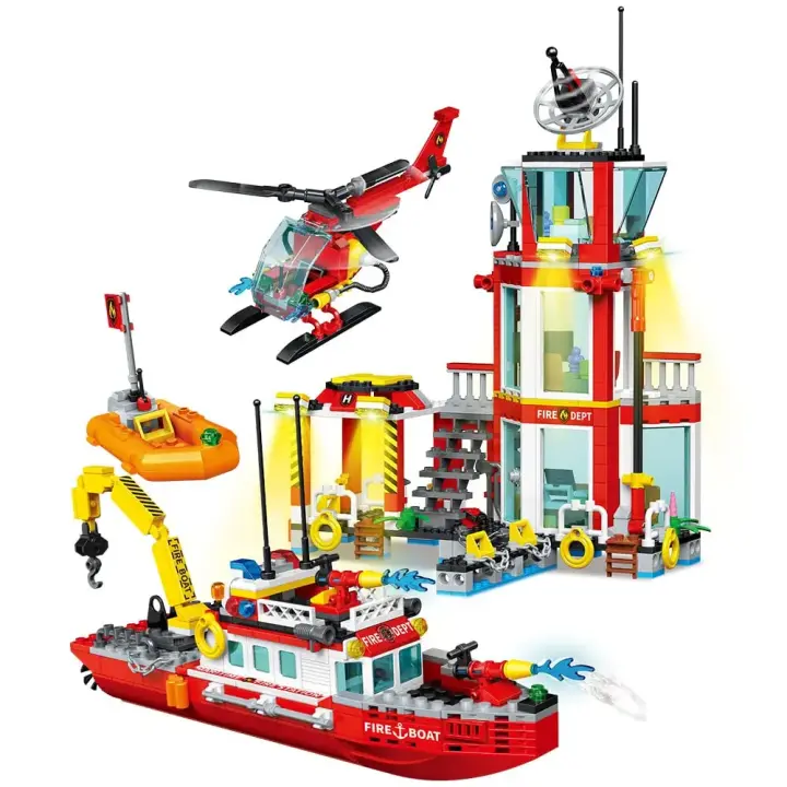 Juego De Bloques De Construcción Estación De Bomberos De La Ciudad Con Barco De Protección Forestal Y Helicóptero De Rescate Antiguo 18+ - 1