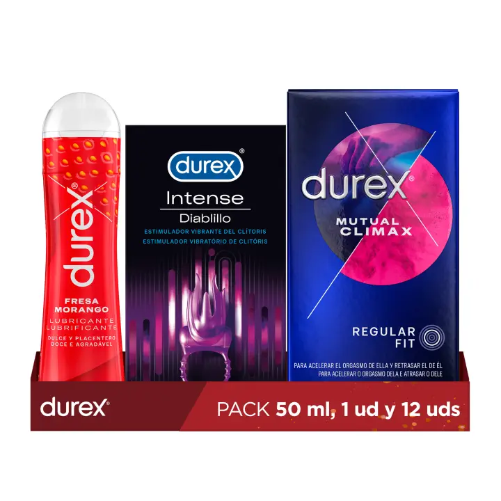 Durex Pack Lubricante Sabor y Aroma Fresa +  Anillo Vibrador Intense Orgasmic Diablillo +  Preservativos Mutual Clímax - 1