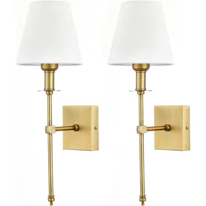 Paquete de luces de pared con sombra de tela blanca, lámpara de pared de baño interior de Metal dorado, luz de pared clásica para dormitorio, sala de estar, pasillo, enchufe de bombilla E27 - 1