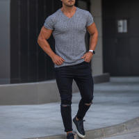 Camiseta De Hombre Con Cuello En V Y Manga Corta Para Fitness Y Gimnasio Verano Estilo Casual Color Sólido Moda Slim Fit - details 16