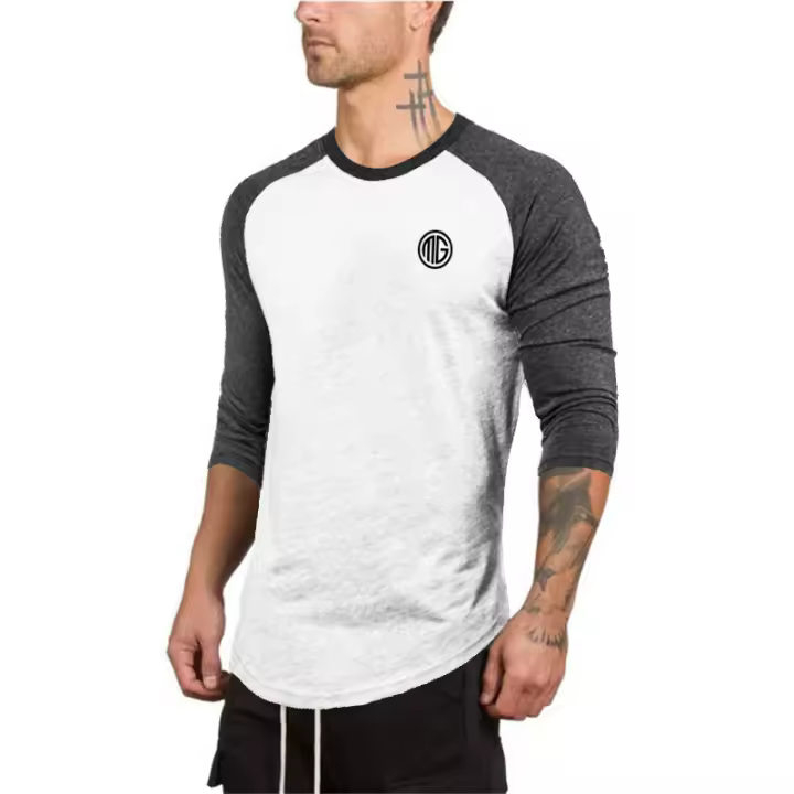 Gym T-shirt Men 0-Neck Three Quarter Sleeves Cotton Tshirt Slim Fit Shirt Male Fitness Bodybuilding Workout Color Contrast Tops - 1