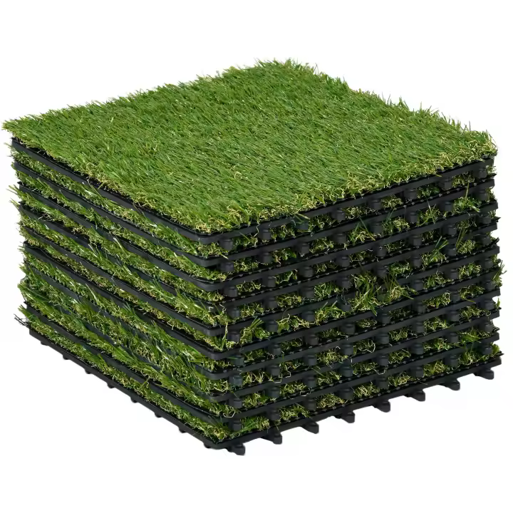 Outsunny Césped Artificial de 10 Piezas Alfombra Césped Artificial 30x30 cm con Altura de Hierba 25 mm Anti-UV Césped Sintético para Jardín Patio Balcón Verde Oscuro - 1